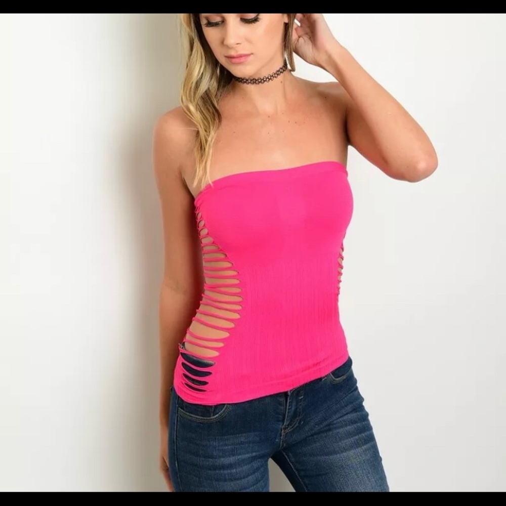 Sexy Tube top Seamless fitted Cut out Sides Hot pink O/S Boho Punk Crop Top New